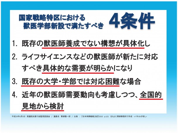 質疑中に示された特区における獣医学部新設で満たすべき4条件