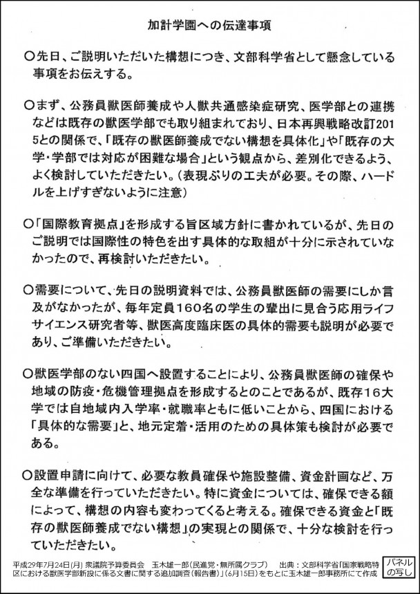 加計学園への伝達事項